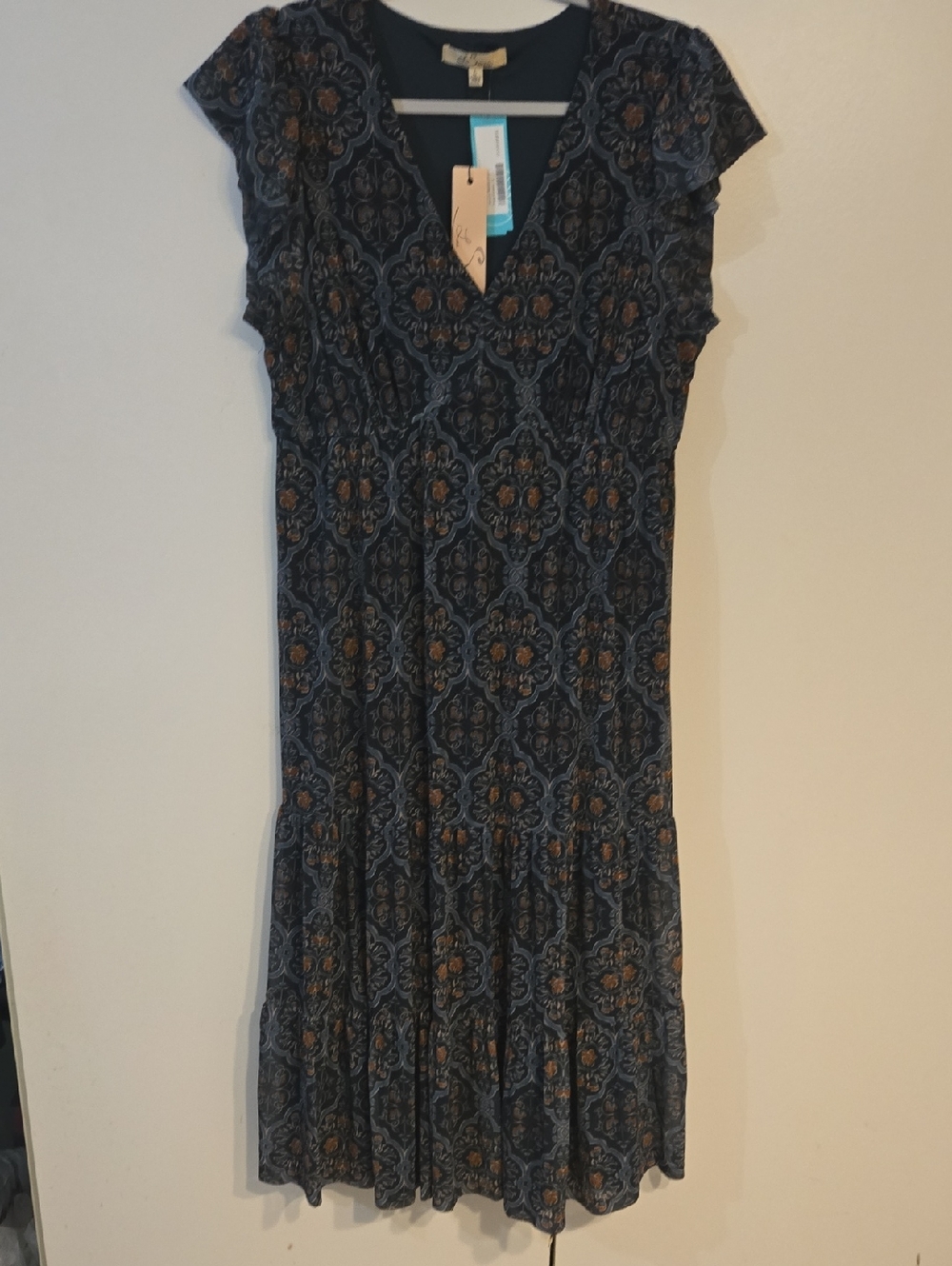 Navy and Brown V-Neck Midi Dress with Flutter Sleeves